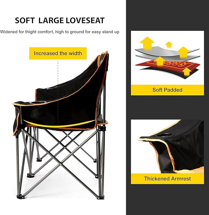 FAIR WIND Oversized Fully Padded Camping Chair Folding Loveseat Camping Couch Double Duo Chair Heavy Duty Quad Fold Arm Chair with Cup Hold - Supports 650 LBS Orange