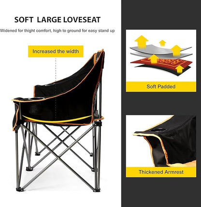 FAIR WIND Oversized Fully Padded Camping Chair Folding Loveseat Camping Couch Double Duo Chair Heavy Duty Quad Fold Arm Chair with Cup Hold - Supports 650 LBS Orange