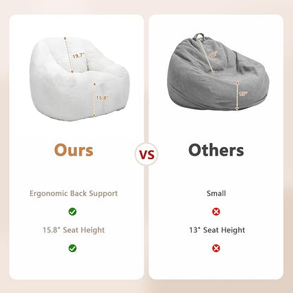Setawix Bean Bag Chair with Filler, Comfy Teddy Bean Bag Chairs for Adults and Kids, Cozy BeanBag Sofa Fully Floor Couch with Memory Foam for Living Room Bedroom,White