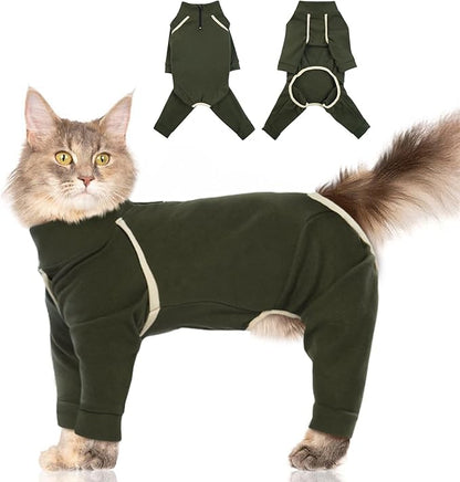 Cat Hair Sticky Onesie - Army Green, XL - Cat Clothes: Male Pajamas, Anti-Licking Suit