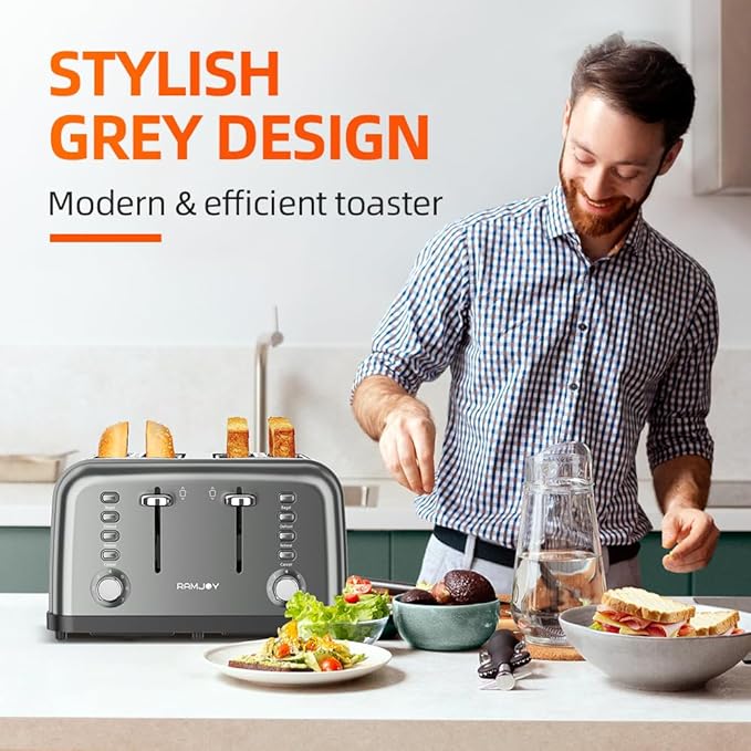 Grey Toaster 4 Slice, Dual Independent Controls, Extra Wide Slot Toasters
