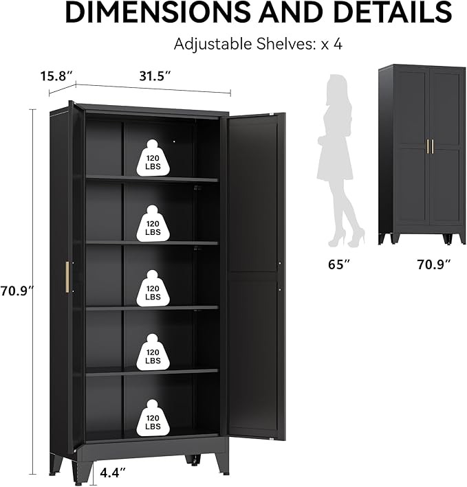 COFaR 71" Modern Pantry Cabinet in Black, 5-Tier Storage Cabinet
