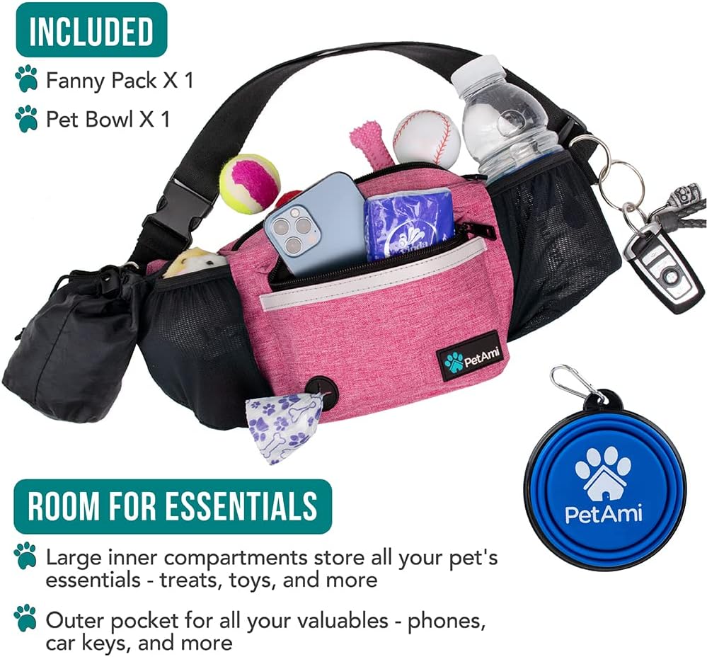 PetAmi Dog Fanny Pack, Treat Pouch for Dog Walking, Training, Built in Poop Bag Dispenser, Water Bottle Holder, Collapsible Bowl, Pet Treat Waist Belt for Hiking, Running, Kibbles (Pink)