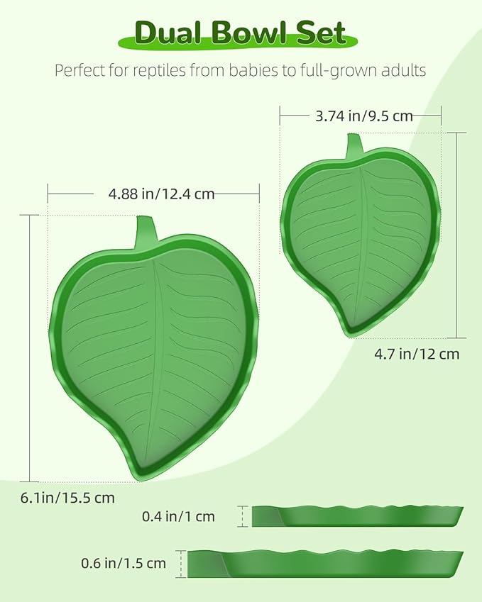 Pawfly 2 Pcs Leaf Reptile Water Dish, Reptile Water Bowl, Tortoise Habitat Accessories, Bearded Dragon Water Bowl, Pet Food Feeding Plate for Turtle Small Snake Lizard, 2 Sizes