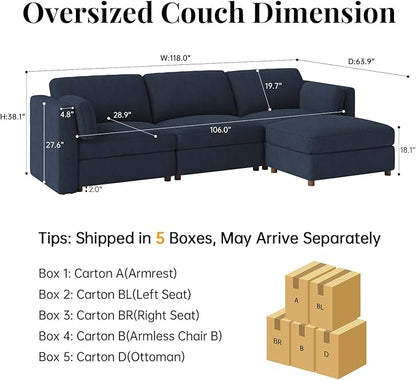 CUGOAO 118'' Modular Sectional Sofa, Oversized L-Shaped Sectional Couch with Ottoman, Deep Seat Chenille Cloud Couch, Mordern Upholstered Couches for Living Room, Apartment, Office, Blue