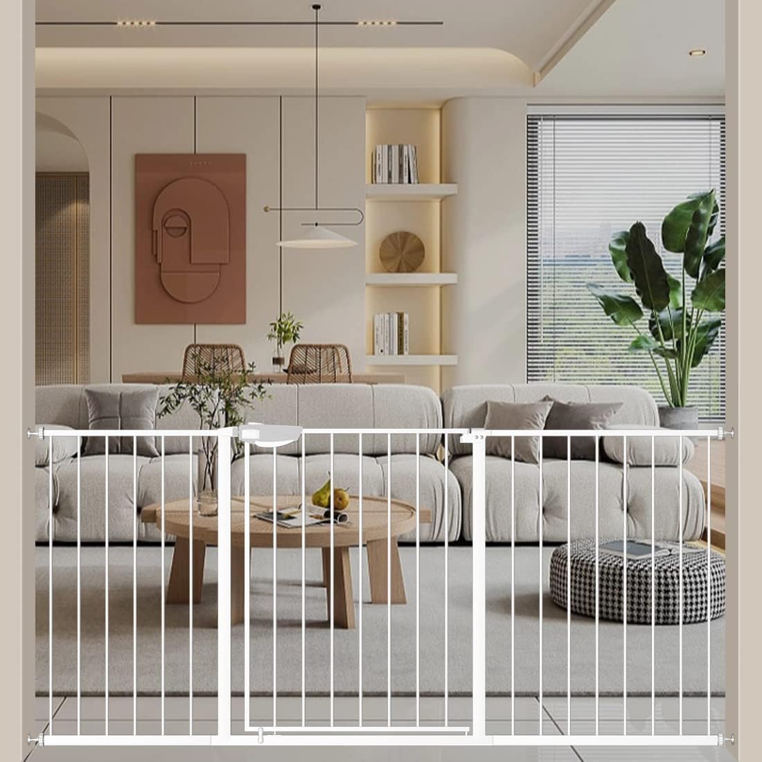 WAOWAO Triple Lock Baby Gate Extra Wide 62.59-67.32" Pressure Mounted Walk Through Swing Auto Close Safety White Metal Dog Pet Puppy Cat for Stairs,Doorways,Kitchen