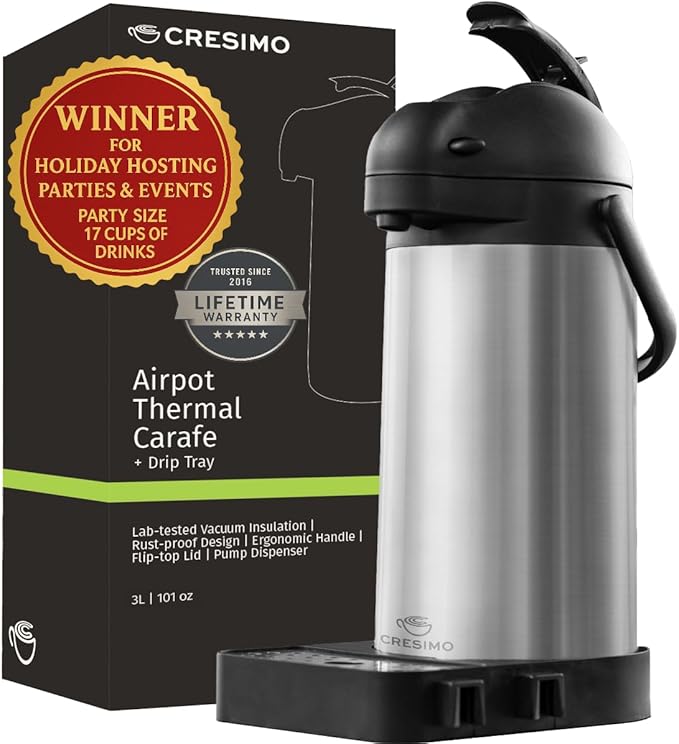 Airpot Coffee Dispenser with Pump & Tray - 102oz/3L Coffee Carafe with Pump -