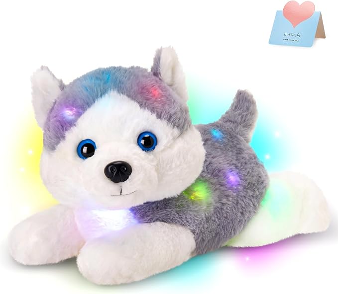 Houwsbaby 13'' Gray Light Up Husky Stuffed Animal Dog Soft Plush Night Light Puppy Toy Hugging Pillow Companion Holiday Christmas Birthday Present for Kids Boys Girls Toddlers