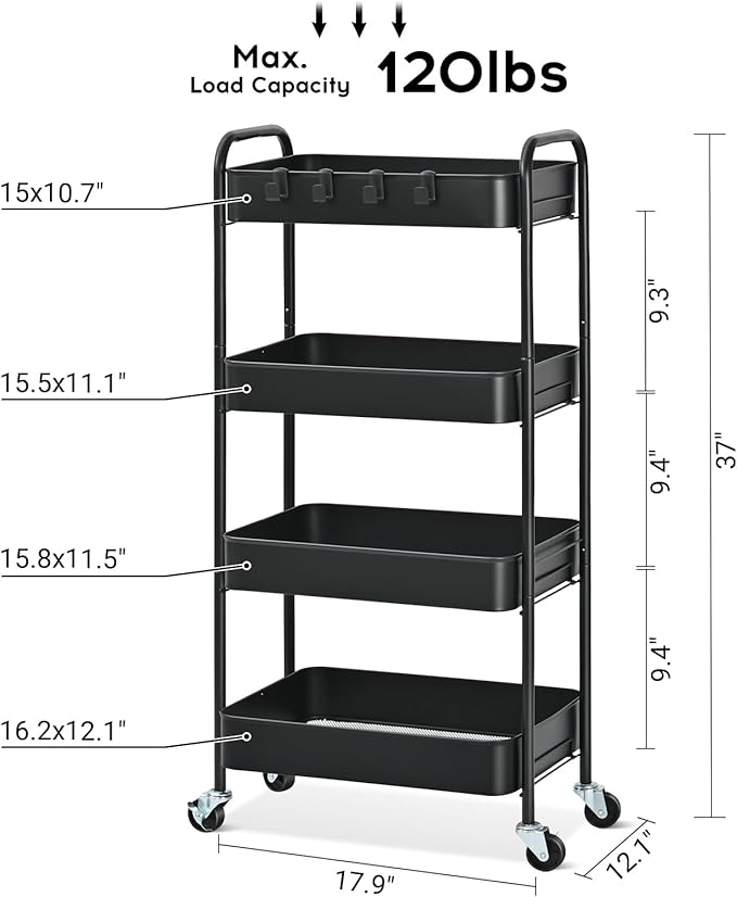 TOOLF 4-Tier Metal Rolling Cart