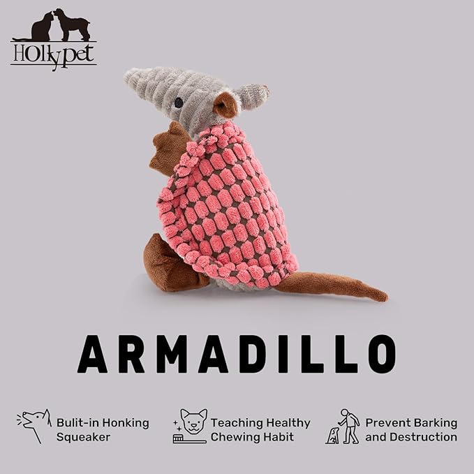 Hollypet Plush Dog Squeaky Toy Stuffed Armadillo Animal Pet Puppy Chew Toys with Clean Teeth for Small Medium Large All Breed Sizes Dogs, Bright Pink,8 in