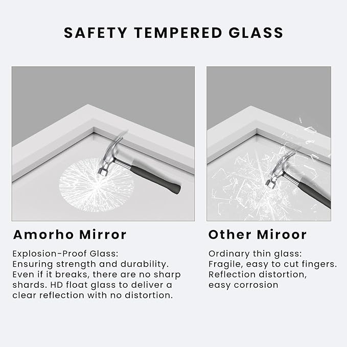 Amorho Bathroom Mirror, 48x35 Inch White Thick Metal Framed Wall Mirrors