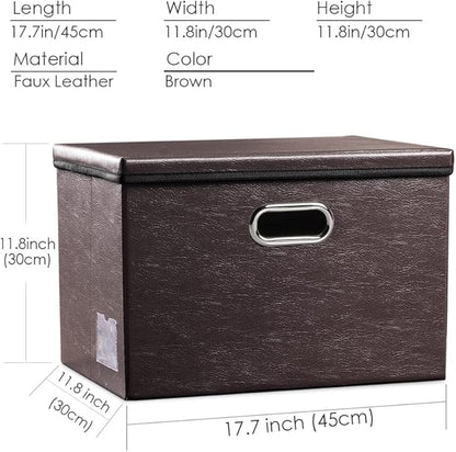 PRANDOM Large Collapsible Storage Bin with Lid [1-Pack] Leather Fabric Foldable Storage Box Organizer Containes Basket Cube with Cover for Home Bedroom Closet Office Nursery Brown (17.7x11.8x11.8)