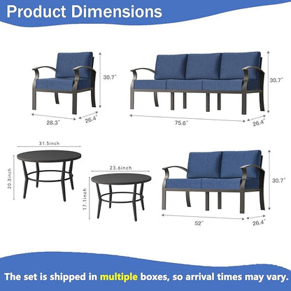 RTDTD Aluminum Outdoor Patio Furniture Set,7 Seats Patio Conversation Sets with 2 Round Coffee Tables,Metal Patio Sectional Furniture Set with 5.1" Thickened Cushions,Navy Blue
