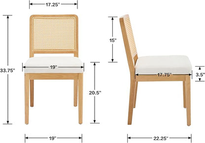 Wahson Mid Century Modern Dining Chairs Set of 2, French Country Modern Style, Rectangle Cane Upholstered Kitchen Chairs with Natural Wooden Legs, White Chenille