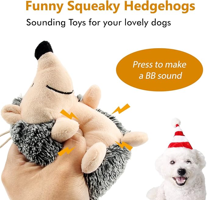 Dog Squeaky Toys, Durable Stuffed Crinkle Plush Dog Chew Toys for Puppy Teething, Interactive Dog Toys for Small, Medium and Large Dogs (Grey+Yellow, Hedgehogs)