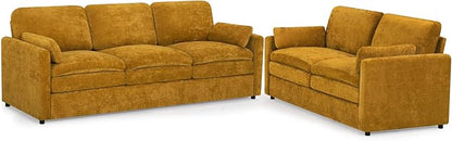 2 Pieces Chenille Sofa Set w/Throw Pillows, Upholstered Loveseat & 3 Seater Sofa w/Comfortable Back Cushions, Modern 2-Seat & 3-Seat w/High-Density Foam for Living Room, Apartment, Yellow