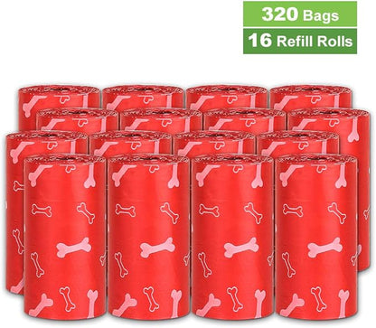 Parisian Pet Ecofriendly Dog Poop Bags Rolls - 320 Count Unscented Poop Bags For Dogs - Leakproof, Extra Thick, 16 Dog Waste Bags Refill Rolls - Printed Bones Red Doggie Poop Bags