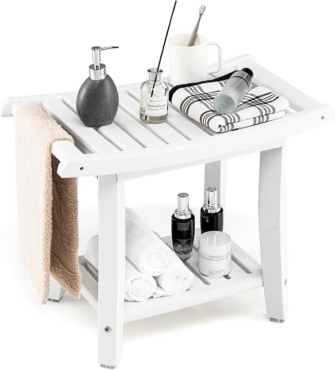 GOFLAME 2-Tier Shower Bench, Spa Bath Shower Stool with Curved Seat, 2 Easy-to-Grip Handles, Storage Shelf & Non-Slip Foot Pads, Waterproof Shower Chair for Bathroom, Living Room, Entryway, White