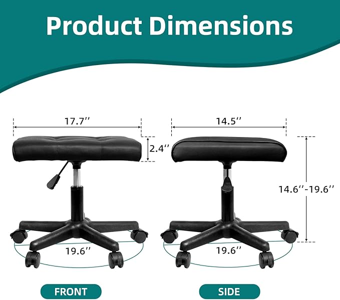 Real Leather Tall Foot Stool, Adjustable Leg Rest Ottoman Footrest with Wheels & Thick Padding, Ergonomic Footrest for Office & Gaming Chairs - Height 14.6-19.6 Inch, Lockable 360-Degree Casters