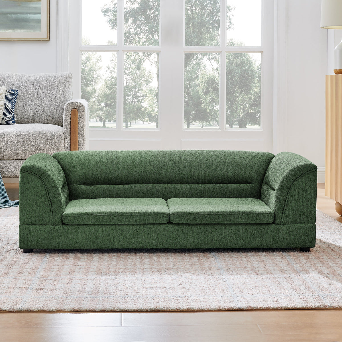 Oversized Pet Sofa, Curved Armrest Rectangular Dog Sofa, Linen Fabric Comfort Pet Couch for Large & Oversized Dogs-Olive Green
