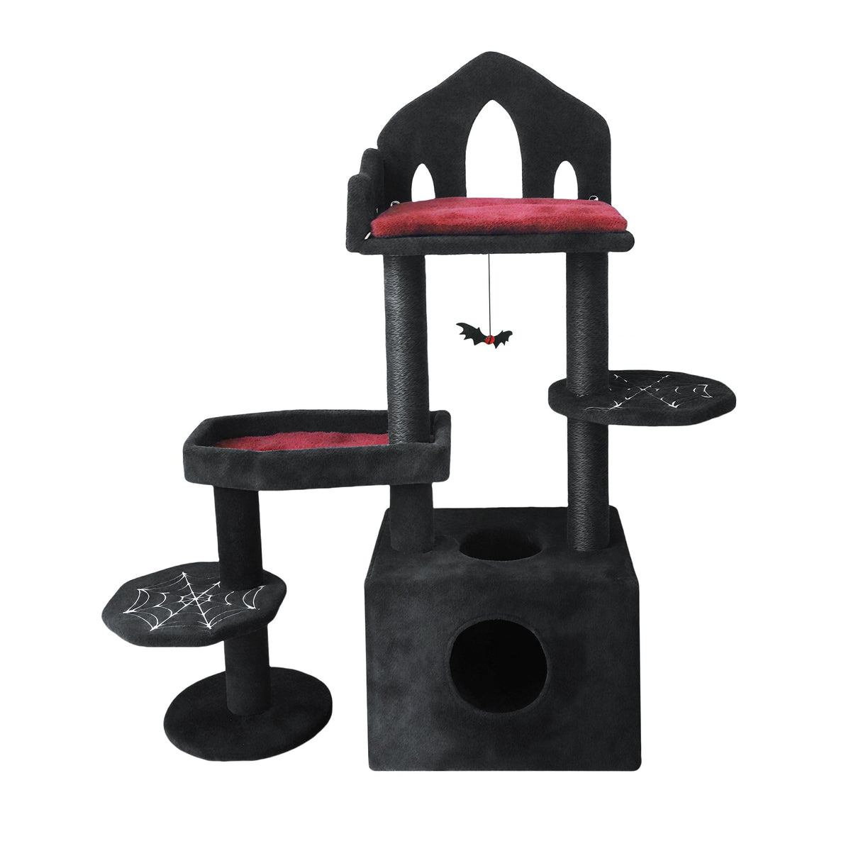 Black Gothic Cat Tree, Multi-Level Spooky Cat Tree with Scratching Posts, Perches, Hammock, and Cat Cave - Black Cat Tower for Indoor Cats with Interactive Toy, Perfect for Multiple Cats 44.5in