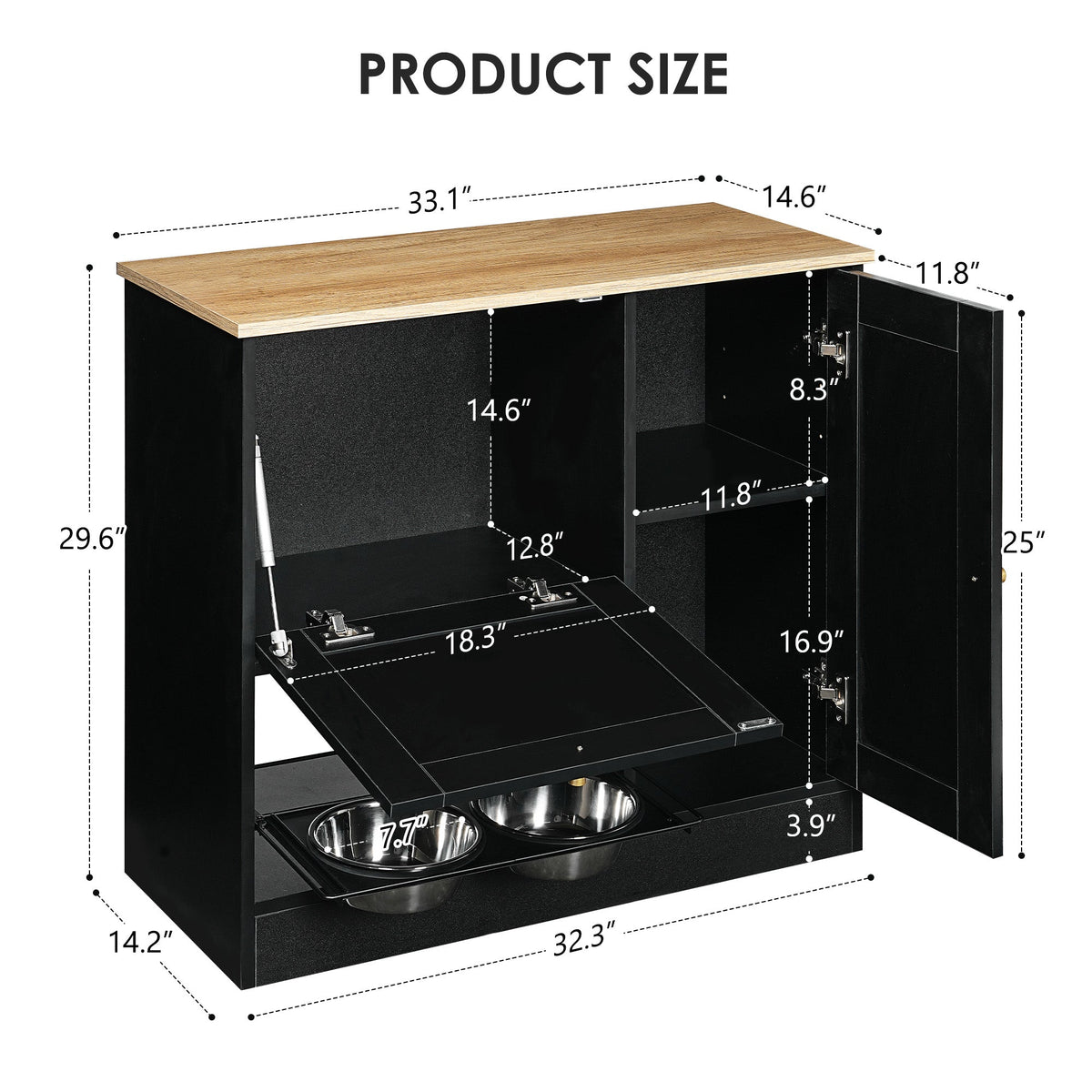 Feeding station with 2 lockers, pet feeding station with 2 elevated dog bowls, side hooks, anti-tipping kit, hidden pet feeding station for feeding and watering, rattan door, black