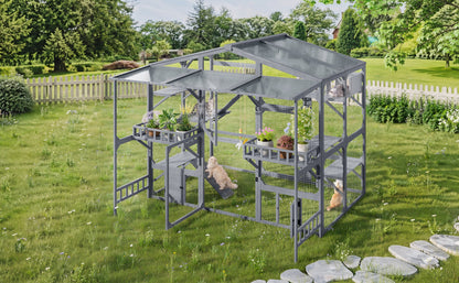 Large Outdoor Catio for 6-10 Cats, Pine Wood Cat Cage Outdoor with Weatherproof Roof, 6 Platforms, Climbing Ramp, 1 Resting Box and Cat Scratching Post, Outdoor Cat House with Storage Shelves, Grey