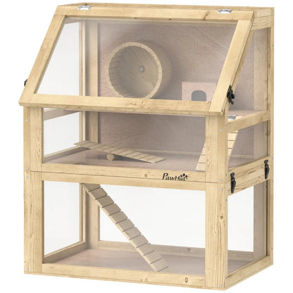 3 Tier Wooden Hamster Cage W Detachable Bottom, Hut, Seesaw, Exercise Wheel, Ramps