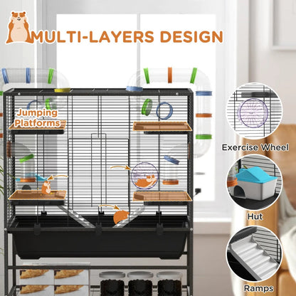 Small Animal Cage For Syrian Hamster, Gerbil Cage With Tubing System, Running Wheel, Ramps, Platforms