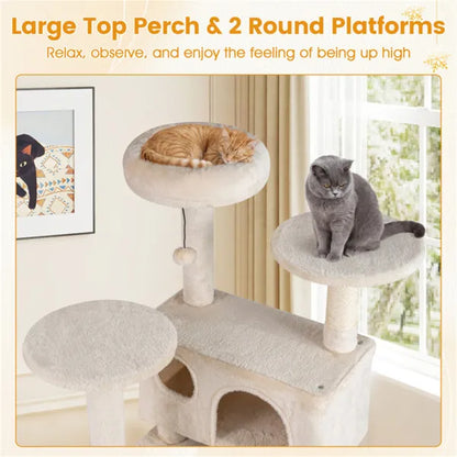 52" Tall Cat Tree Tower With Perches & Condos, Multi-Cat Playground With Scratching Posts (Beige)