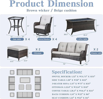 Belord Wicker Patio Furniture Sets - 13 Piece Outdoor Rattan Furniture Conversation Sets with 4 Swivel Rocker Chairs, 2 Rattan Sofas, Wicker Ottomans and Coffee Table, Brown/Beige