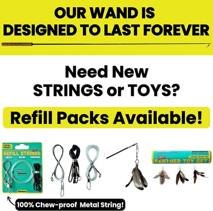 Forever Stick and 9 Cat Feather Toy Refills - The Unbreakable Cat Wand Toy, Durable Cat Toy Wand, Extra Long Cat String Toy, Cat Fishing Pole Toy for Bored Indoor Adult Cats, Cat Stick Toy