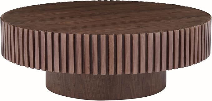 35.43''/90CM Round Wood Coffee Table for Living Room, Modern Handcraft Drum Coffee Table, Circle Wooden Tea Table for Small Space Apartment (Walnut, Ø35.43 x 13.77)