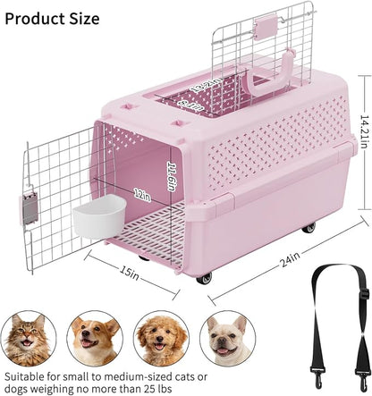 RIZZARI Pink Pet Carrier with Wheels for Cats and Small Dogs Up to 25 Lbs, Top Opening Hard-Sided Cat Carrier, Rolling Travel Kennel with Pull Strap, Feeding Bowl, Metal Door and Ventilated Design