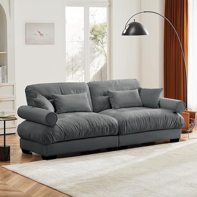 93.7” Oversized Grey Velvet Loveseat Sofa, Deep Seat 2-Seater Modular Sectional Couches for Living Room with 4 Pillows, Cloud Home Sofas Set, Love Seat Couches