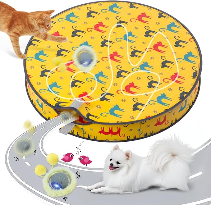 Interactive Cat Toys for Indoor Cats, Automatic Motion Cat Toy in Pouch Fast Rolling Ball in Play Mat Hide and Seek Mouse Catching Game with Chirping Stimulation,Led Light,Auto On/Off(Yellow)