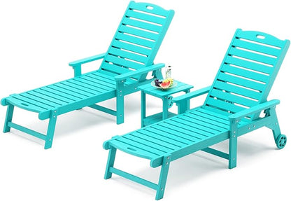LUE BONA Chaise Lounge Chairs Set with Table, 3-Piece, 79'' Oversized HDPS Chaise Lounger, 5 Positions Adjustable Lounge Chairs, Pool Lounge Chair with Wheels for Poolside, 3 Year Warranty, Aruba Blue