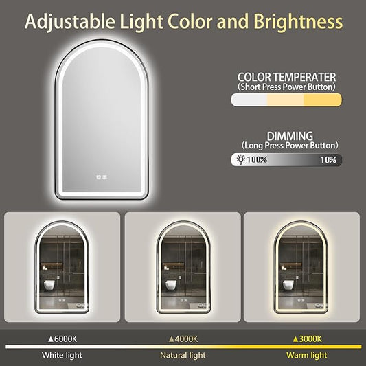 24x36 inch Black Tempered Glass LED Arched Mirror