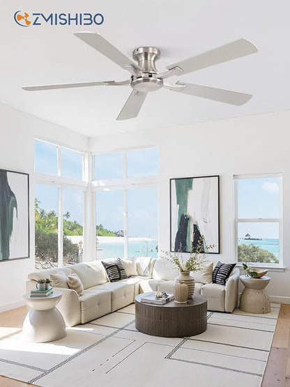 ZMISHIBO 52 Inch Ceiling Fan No Light, Flush Mount Low Profile, Modern Nickel
