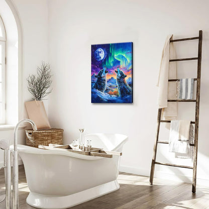 Wolf Wall Art Wolves Canvas Wall Decor Prints Framed Painting Aurora Pictures Gifts Artwork for Bathroom Bedroom Living Dining 16"x24"