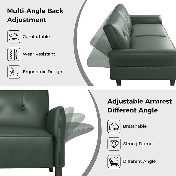 89” Futon Sofa Bed,Futon Couch Bed with 2 Square Pillows,Convertible Sleeper Sofa with Adjustable Backrest& Armrests, Modern Loveseat Sleeper for Living Room, Bedroom,Faux Leather Green
