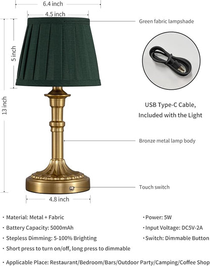 KDG Cordless Portables Table Lamp Set of 2, LED Fabric Shade Small Desk Lamps, 5000mAh Battery Powered Lighting, 2700K Stepless Dimmable Light for Living Room, Dining Room, Bedroom (Bronze+Green)