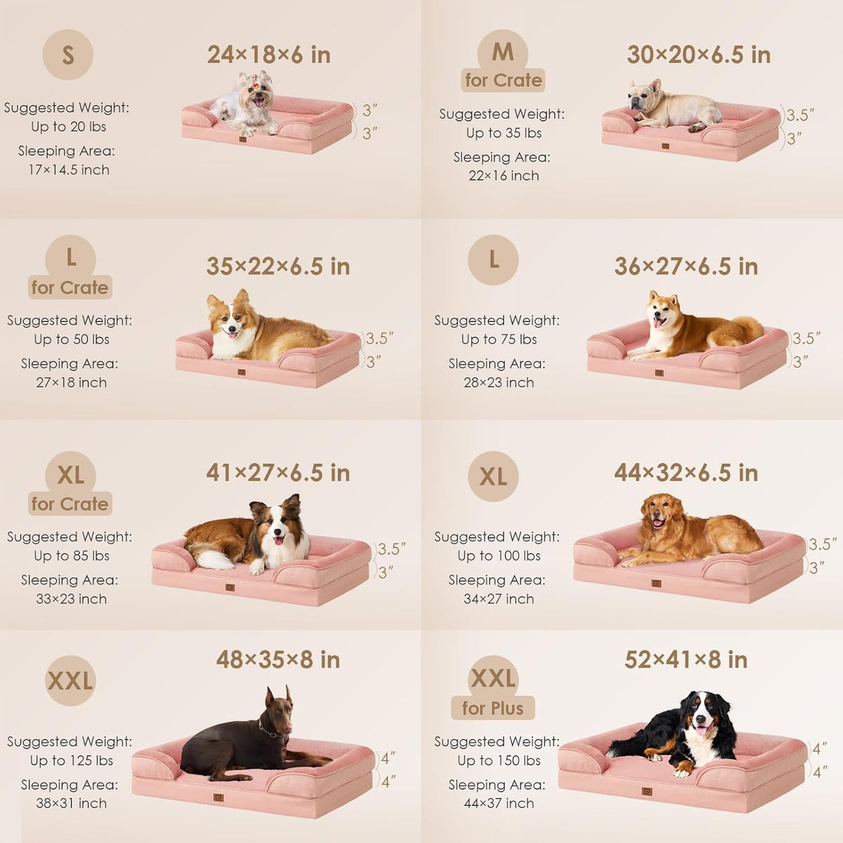 EHEYCIGA Orthopedic Dog Beds for Large Dogs, Waterproof Memory Foam Large Dog Bed with Sides, Non-Slip Bottom and Egg-Crate Foam Pet Couch Bed with Washable Removable Cover, Dusty Pink
