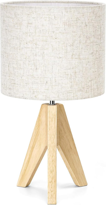 EDISHINE Small Table Lamp, Boho Bedside Lamp with Linen Fabric Shade, Wood Tripod Nightstand Lamp for Nursery, Living Room, Bedroom, Narrow End Table, UL Listed, 14.2 Inch, ON/Off Switch