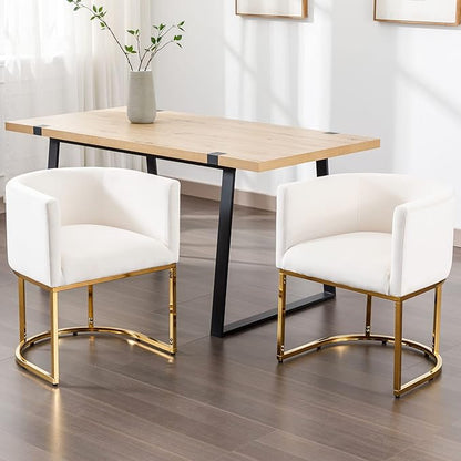 VESCASA Velvet Upholstered Dining Chairs with Barrel Back, Mid Century Modern Padded Restaurant Chairs with Gold Metal Frame for Kitchen, Dining Room, Set of 2, White
