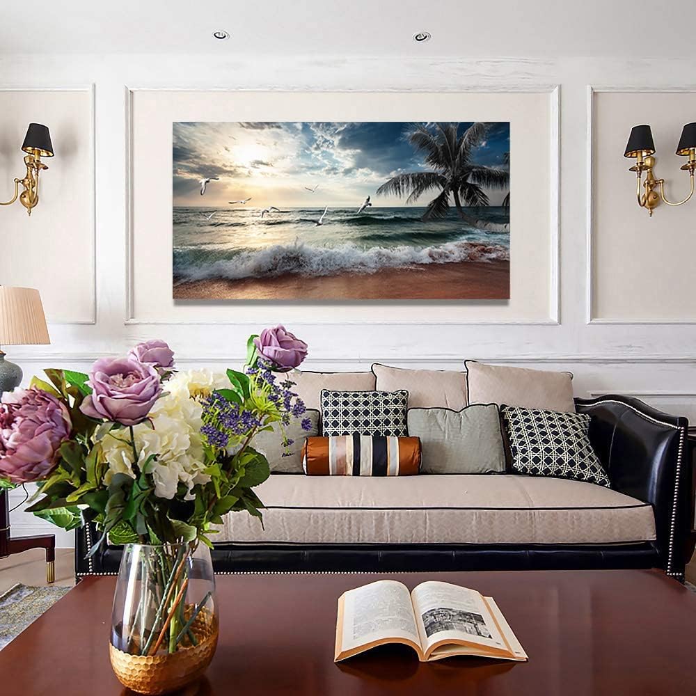 Yxbhhym Beach Wall Art Picture for Living Room Ocean Sunset Canvas Wall Decor Paintings Sea Poster Seascape Print Art Palm Artwork for Wall Art Bedroom Office Decoration Framed- 20x40inches