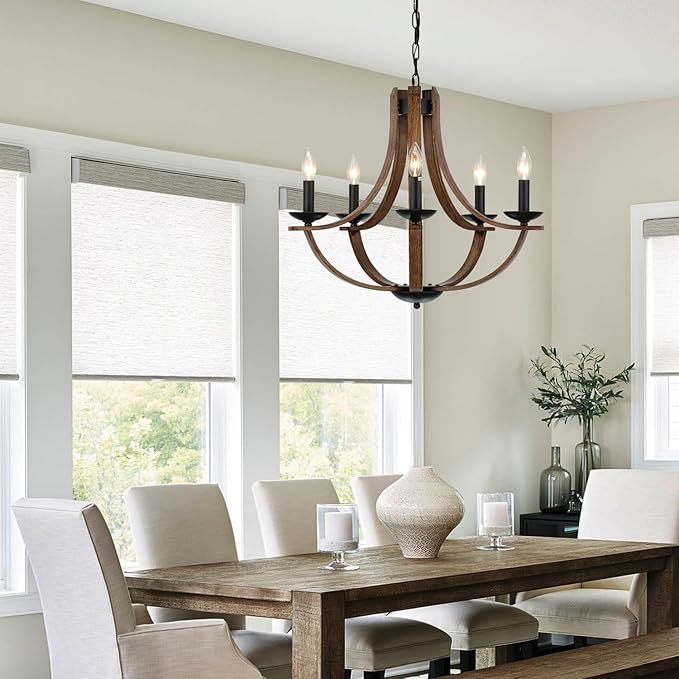 Farmhouse Chandeliers for Dining Room Light Fixture, 5-Light 24 inch Faux Wood Texture Hanging Lighting Fixtures, Rustic Candle Chandeliers for Living Room Kitchen Island Foyer Entryway