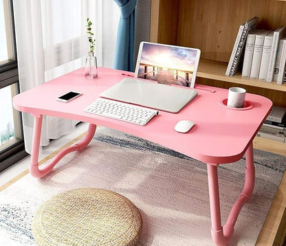 Laptop Desk Foldable Bed Table, Portable Lap Desk Laptop Bed Tray Table with Storage Drawer and Cup Holder, Lap TraysTables Notebook Stand Reading Desks Breakfast Tray for Beds Couch Sofa Floor – Pink