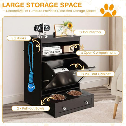 Tangkula Pet Feeder Station, Dog Food Storage Container With Double Pull Out Bowls, Food Toy Organizer Cabinet, Feeding Station Furniture for Dogs Cats Feeding & Watering Supplies (Brown)