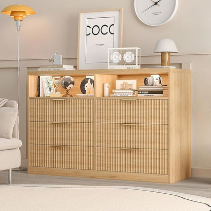 Coffee Bar Cabinet with Charging Station and Lighting, Natural Oak